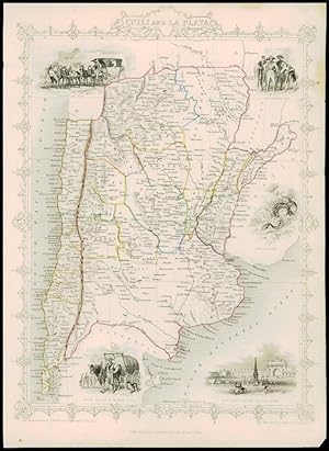 1850 Illustrated Antique Map of "CHILE & LA PLATA" & ARGENTINA by Tallis (68d)