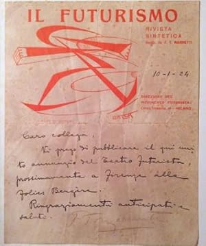 Filippo Tommaso Marinetti. Lettera autografa del 10 Gennaio 1924 indirizzata a "Caro collega" in ...