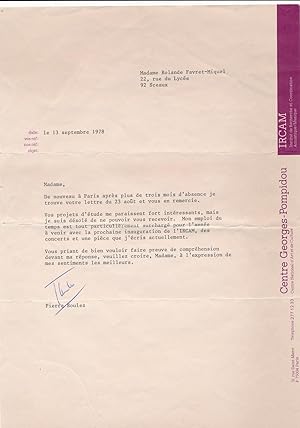 Pierre Boulez lettre signée IRCAM