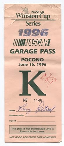 Image du vendeur pour Pocono International Raceway Garage Pass 6/16/1996- NASCAR mis en vente par DTA Collectibles
