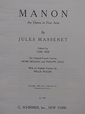 Seller image for MASSENET Jules Manon Opra Anglais Franais Chant Piano 1940 for sale by partitions-anciennes