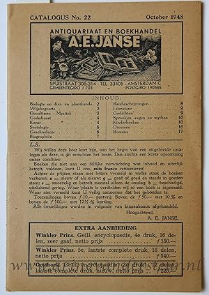 Janse, A.E., Catalogus no. 22 October 1948. Catalogue from Antiquariaat en Boekhandel A.E. Janse,...