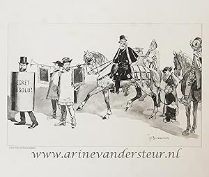 Bild des Verkufers fr [Original lithograph/lithografie by Johan Braakensiek] Secret Absolu! Optocht met paarden en trompetten. 1 p. zum Verkauf von Antiquariaat Arine van der Steur / ILAB
