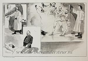 [Original lithograph/lithografie by Johan Braakensiek] Ziekenhuis en dokter, mannen in witte jass...