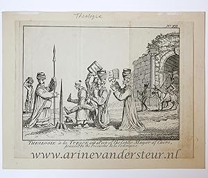 Seller image for [Satirical print/spotprent] Theologie a la Turque and a peep pf the Coptic Mayor of Cairo, preceded by the procureur de la Commune. 1 p. Man with several hats is holding a book with the text "Al Koran", other man with high hat and being carried is holding a book: l'imposture de Mahomet. for sale by Antiquariaat Arine van der Steur / ILAB