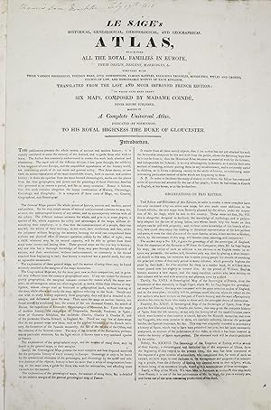 Image du vendeur pour Le Sage?s historical, genealogical, chronological and geographical atlas, exhibiting all the royal families in Europe, their origin, descent, marriages, &c. together with their various possessions, foreign wars, civil commotions, famous battles . and remarkable events of each kingdom: translated from the last and much improved French edition; to which have been added six maps, composed by Madame Coind and never before published, making it a complete Universal Atlas. mis en vente par Maggs Bros. Ltd ABA, ILAB, PBFA, BA