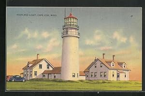 Ansichtskarte Cape Cod, Mass., Highland Light, Leuchtturm mit Häusern