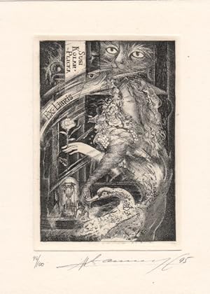 Seller image for Ex Libris Susi Kolar-Plicka. Katzenkopf, Frau, Schwan und Stundenglas. for sale by Antiquariat  Braun