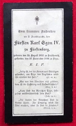 Seller image for Totenzettel fr Frst Karl Egon IV. zu Frstenberg (25. August 1852 Kruschowitz - 27. November 1896 Nizza) (mit Sprchlein und umseitig Heiligenbild) for sale by ANTIQUARIAT H. EPPLER