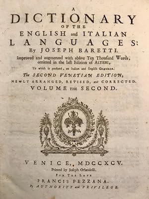 Bild des Verkufers fr Dizionario delle lingue italiana ed inglese [-A dictionary of the english and italian languages]. zum Verkauf von Gabriele Maspero Libri Antichi