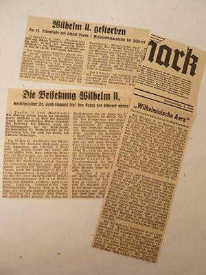 3 originale Zeitungsausschnitte vom Juni 1941 mit Nachruf auf Kaiser Wilhelm II.