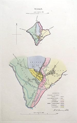 Antique Map WIGAN, LANCASHIRE, MANCHESTER, Street Plan, Dawson Original 1832