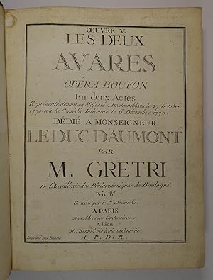 Bild des Verkufers fr Les deux avares. Opera boufon en deux actes reprsent devant sa Majest  Fontainbleau le 27. octobre 1770. Oeuvre V. Gravees par le Sr. Dezauche. Paris / Lyon, M. Castaud (1771). 4. Gest. Titel, 155 S., mit gest. Noten.- Angeb.: Ders., La fausse magie, comdie en un acte reprsente pour la premire fois sur le Thatre de la Comdie Italienne, le mercredi premier fevrier 1775. Oeuvre XI. Gravees par J. Dezauche. Paris, M. Houbaut u. Lyon, Castaud (1775). Gest. Titel, 188 S., mit gest. Noten, Hldr. d. 19. Jhdts. mit Rverg. u. Rtit. zum Verkauf von Antiquariat Johannes Mller