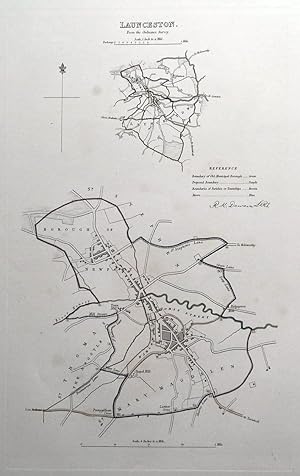 Antique Map LAUNCESTON, CORNWALL, UK, Street Plan, Dawson Original 1832