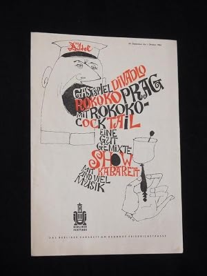 Bild des Verkufers fr Programmzettel Gastspiel Divadlo Rokoko Prag in der Distel 1964. ROKOKO-COCKTAIL - EINE GUT GEMIXTE SHOW MIT KABARETT UND VIEL MUSIK. Mit D. Vostrel, J. Sasek. M. Kubisowa, K. Stedry, J. Frantova, V. Preslova, V. Bedrna, W. Matuska, Z. Najman, P. Rubes, A. Sura zum Verkauf von Fast alles Theater! Antiquariat fr die darstellenden Knste