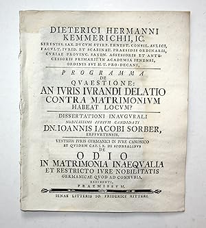 Programma de Quaestione: An Iuris Iurandi Delatio Contra Matrimonium Habeat Locum? Dissertationi ...