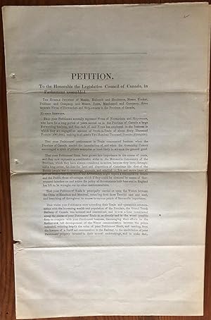 Petition. To the honorable the Legislature in Provincial Parliament Assembled. The Humble Petitio...