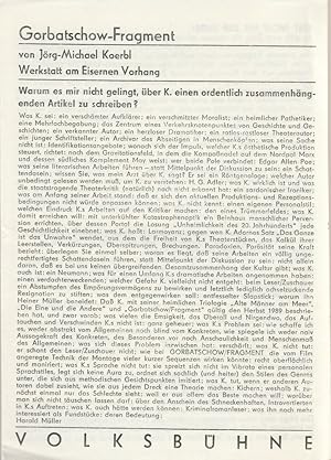 Imagen del vendedor de Programmheft Urauffhrung Jrg-Michael Koerbl GORBATSCHOW / FRAGMENT Premiere 19. Januar 1990 Werkstatt am Eisernen Vorhang Spielzeit 1989 / 90 a la venta por Programmhefte24 Schauspiel und Musiktheater der letzten 150 Jahre