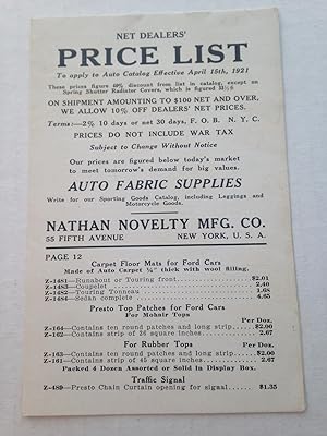 Net Dealers' Price List To apply to Auto Catalog Effective April 15th, 1921.