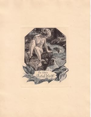 Imagen del vendedor de Ex-libris Rahel Wolff. An Wildbach sitzender weiblicher Akt. a la venta por Antiquariat  Braun