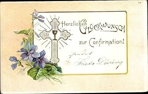 Präge Ansichtskarte / Postkarte Glückwunsch Konfirmation, Kreuz, Veilchen