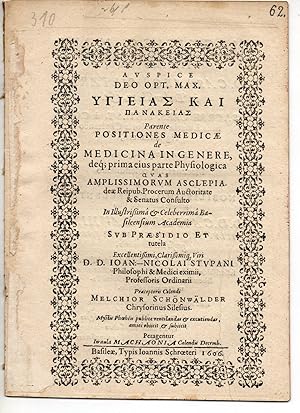 Imagen del vendedor de Positiones medicae de medicina in genere, deque prima eius parte Physiologica. a la venta por Wissenschaftliches Antiquariat Kln Dr. Sebastian Peters UG