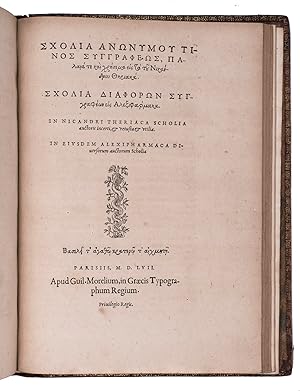 Imagen del vendedor de Theriaca.Including: NICANDER of Colophon. Alexipharmaca.-In Nicander Theriaca scholia auctoris incerti, et vetusta et utilia. In eiusdem Alexipharmaca diversorum auctorum scholia.Paris, Morelius, 1557. 3 parts in 1 volume. 4to. Each part with its own title-page, with a woodcut caduceus device on all three. Set in roman and Greek types. 17th-century(?) richly gold-tooled red morocco, gilt edges; subtly rebacked, with the original backstrip laid down. a la venta por Antiquariaat FORUM BV