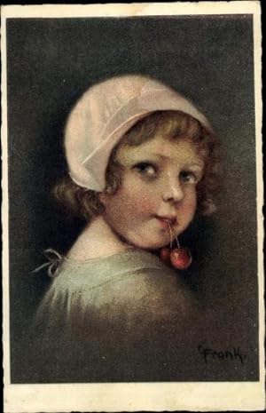 Bild des Verkufers fr Knstler Ansichtskarte / Postkarte Frank, Herzblttchen, Portrait von einem Mdchen mit Kirsche im Mund zum Verkauf von akpool GmbH