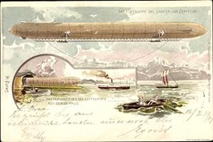 Künstler Litho Fuchs, Karl, Luftschiff des Grafen von Zeppelin, Herausziehen aus der Halle