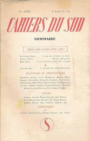 Bild des Verkufers fr Cahiers du sud. N 373 - 374 zum Verkauf von LIBRAIRIE GIL-ARTGIL SARL