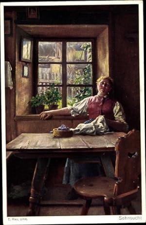 Künstler Ansichtskarte / Postkarte Rau, E., Sehnsucht, nähende Frau an einem Tisch