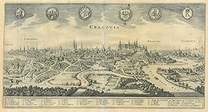 KRAKAU. "Cracovia". Gesamtansicht, darüber 6 Wappen, unten mit Legende 1-46.