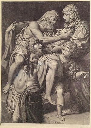 Imagen del vendedor de Aeneas is standing with his father Anchises on his shoulders as he rescues him from the fire of Troy, and he receives the household gods from his wife, Creusa, after D. Zampieri, il Domenichino [1581-1641]. a la venta por R.G. Watkins Books and Prints