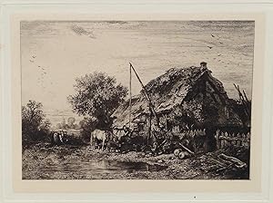 Seller image for Paysage Chaumiere' Cottage by pond with horse and well. for sale by R.G. Watkins Books and Prints