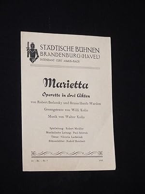 Imagen del vendedor de Programmzettel Stdtische Bhnen Brandenburg (Havel) 1947/48. MARIETTA von Bodanzky/ Hardt-Warden, Walter Kollo (Musik). Spielleitung: Robert Meiler, musikal. Ltg.: Paul Schwob, Tnze: Viktoria Lacheizak, Bhnenbild: Rudolf Borchert. Mit Elsa Geiswinkler (Marietta), Ullrich Mller, Rudolf Meiler, Oskar Fritzler, Kurt Pawell, Erni Salmann, Waldemar Teuscher a la venta por Fast alles Theater! Antiquariat fr die darstellenden Knste