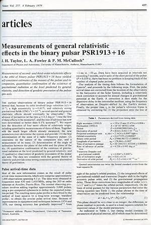 Measurements of general relativistic effects in the binary pulsar PSR1913 + 16, Nature 277, 8 Feb...