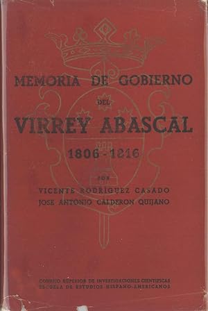 Imagen del vendedor de Memoria de Gobierno del Virrey Abascal: 1806-1816 a la venta por Masalai Press