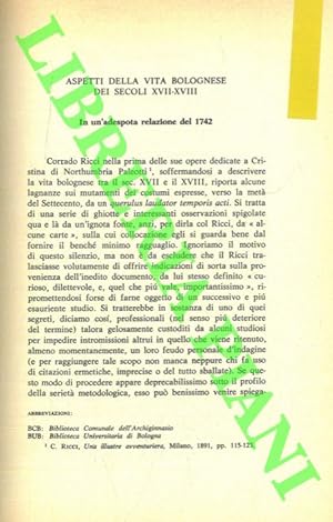 Aspetti della vita bolognese dei secoli XVII-XVIII. In un'adespota relazione del 1742.