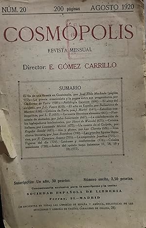 Cosmópolis N°20.- Agosto 1920. Director : E. Gómez Carrillo