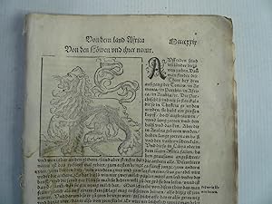 Bild des Verkufers fr Afrika, anno 1550, Beschreibung-S.Mnster, Cosmographie, 12 Seiten -beschrieben wird u.a.: von den Lwen, mit einem Holzschnitt, Mauretanien, Karthago, (Blatt mit kleinem Eckabriss und etwas Textverlust), Barbarossa, Algier-Belagerung (mit einem Holzschnitt der Belagerung der Stadt-div. braune Flecken), Syrte, Marmarica, gypten, Babylon usw. Bitte sehen Sie sich die Seiten genau an; diverse Flecken und Wurmfra. zum Verkauf von Hammelburger Antiquariat