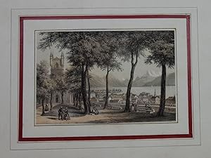 Bild des Verkufers fr Vevey". Blick von einem baumbestandenen Aussichtspunkt auf die Stadt und den Genfersee. zum Verkauf von Antiquariat Martin Barbian & Grund GbR