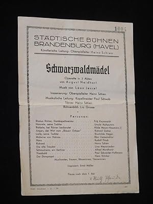 Seller image for Programmzettel Stdtische Bhnen Brandenburg (Havel) 1945/46. SCHWARZWALDMDEL von Neidhart, Jessel (Musik). Insz./ Tnze: Heinz Schien, musikal. Ltg.: Paul Schwob, Bhnenbild: Lia Grosse. Mit Fritz Krummreich, Ursula Aschpurwis, Richard Sacher, Brunhilde Hagen, Elsa Geiswinckler, Rudolf Frisch, Lina Meyersieden, Alfred Mordhorst, Paul Schneider-Hoffmann, Hans Brcker for sale by Fast alles Theater! Antiquariat fr die darstellenden Knste