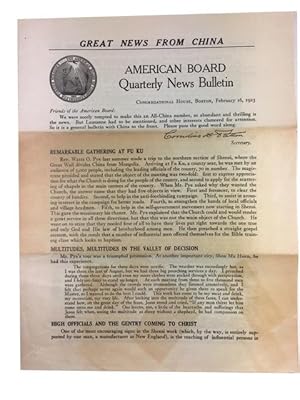 American Board Quarterly News Bulletin, Congregational House, Boston, February 16, 1923