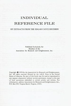 Bild des Verkufers fr INDIVIDUAL REFERENCE FILE OF EXTRACTS FROM THE EDGAR CAYCE RECORDS. zum Verkauf von Blue Mountain Books & Manuscripts, Ltd.