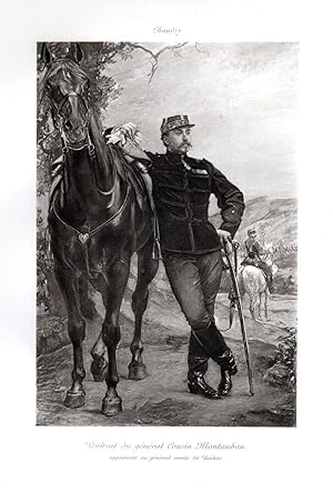 Bild des Verkufers fr Portrait du Gnral Cousin Montauban". Ganzportrt in Uniform an sein Pferd gelehnt. zum Verkauf von Antiquariat Martin Barbian & Grund GbR