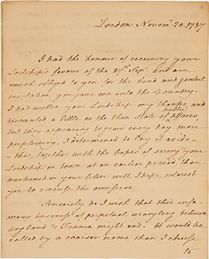 [AUTOGRAPH LETTER, SIGNED, FROM THOMAS PAINE TO WILLIAM PETTY, FORMER EARL OF SHELBURNE AND PRESE...