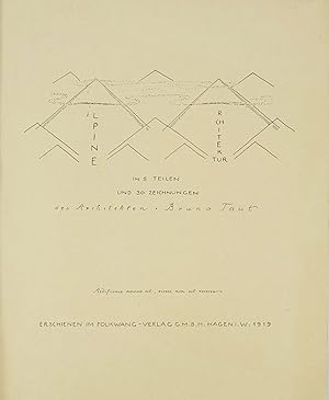 Bild des Verkufers fr Alpine Architektur in 5 Teilen und 30 Zeichnungen. Hagen, Folkwang-Verlag 1919. Folio. Je 1 Blatt, Haupttitel, Inhalt und 5 Blatt Zwischentitel sowie 30 Blatt, davon 8 farbig und teils gold- bzw. silbergehhte Zeichnungen. Orig.-Kartonage mit silberfarbig geprgtem Titel. zum Verkauf von Antiquariat Schmidt & Gnther