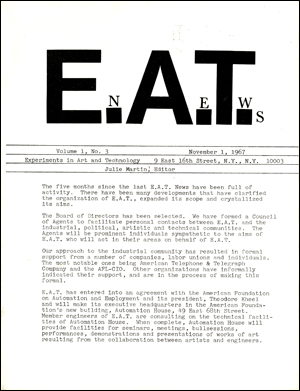 Seller image for E.A.T. News, Vol. 1, No. 3 (November 1, 1967) [Experiments in Art and Technology News] for sale by Specific Object / David Platzker