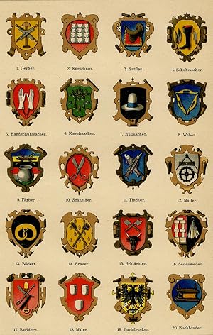 2 Antique Prints-HISTORY-GUILD-HERALDRY-GUID SIGNS-COAT OF ARMS-Brockhaus-1897