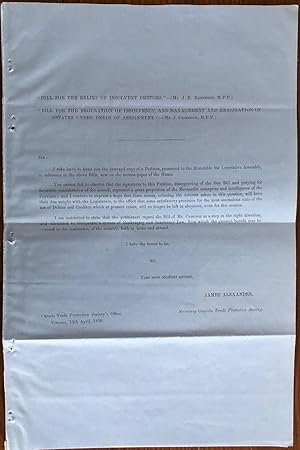 Bill for the relief of insolvent debtors (Mr. J.B. Robinson, M.P.P) and Bill for the regulation o...